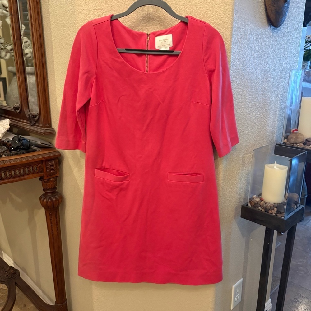 KATE SPADE Coral Pink 3/4 Sleeve Gold Zipper Shift Dress Size Medium